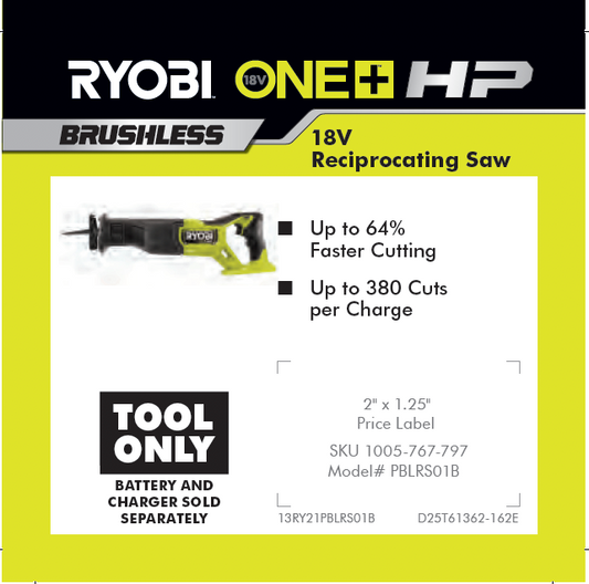 RYOBI ONE+ 18V BRUSHLESS HP RECIP SAW