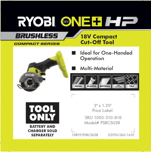 RYOBI ONE+ 18V BRUSHLESS HP COMPACT CUT OFF TOOL