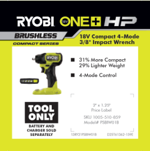 RYOBI ONE+ 18V BRUSHLESS HP COMPACT 3/8 IMPACT WRENCH