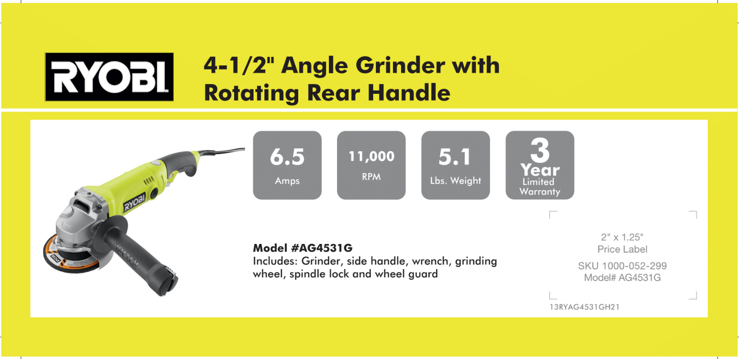 RYOBI 4 1/2" ANGLE GRINDER RRH 8.875 X 4