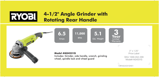 RYOBI 4 1/2" ANGLE GRINDER RRH 8.875 X 4