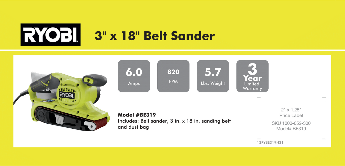 RYOBI 3" X 18" BELT SANDER 8.875 X 4