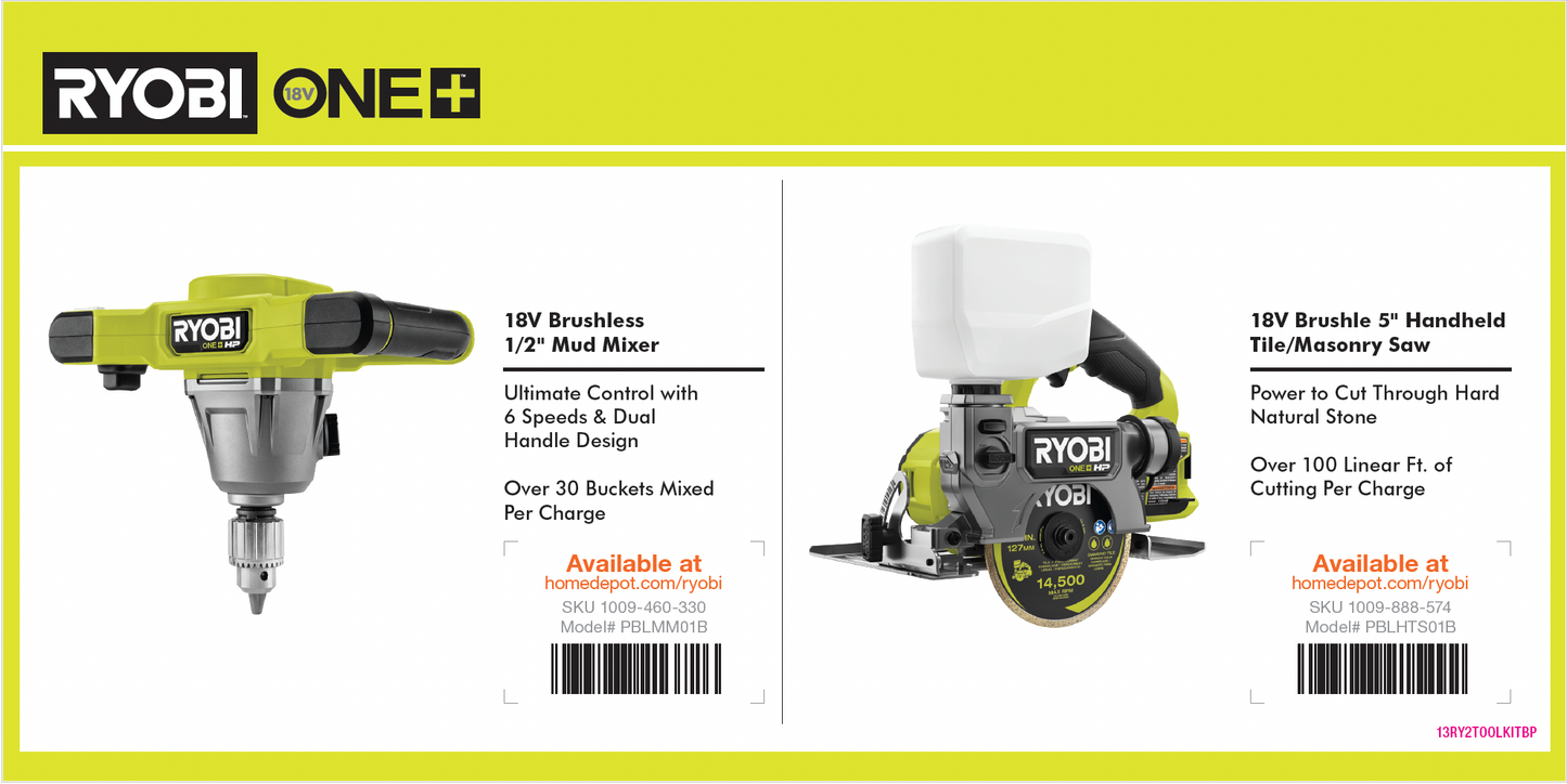 RYOBI Battery Platform Mud Mixer/Tile Saw 12x6 Card