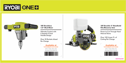 RYOBI Battery Platform Mud Mixer/Tile Saw 12x6 Card