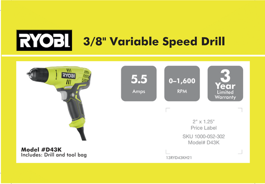 RYOBI 3/8 VARIABLE SPEED DRILL 6 X 4