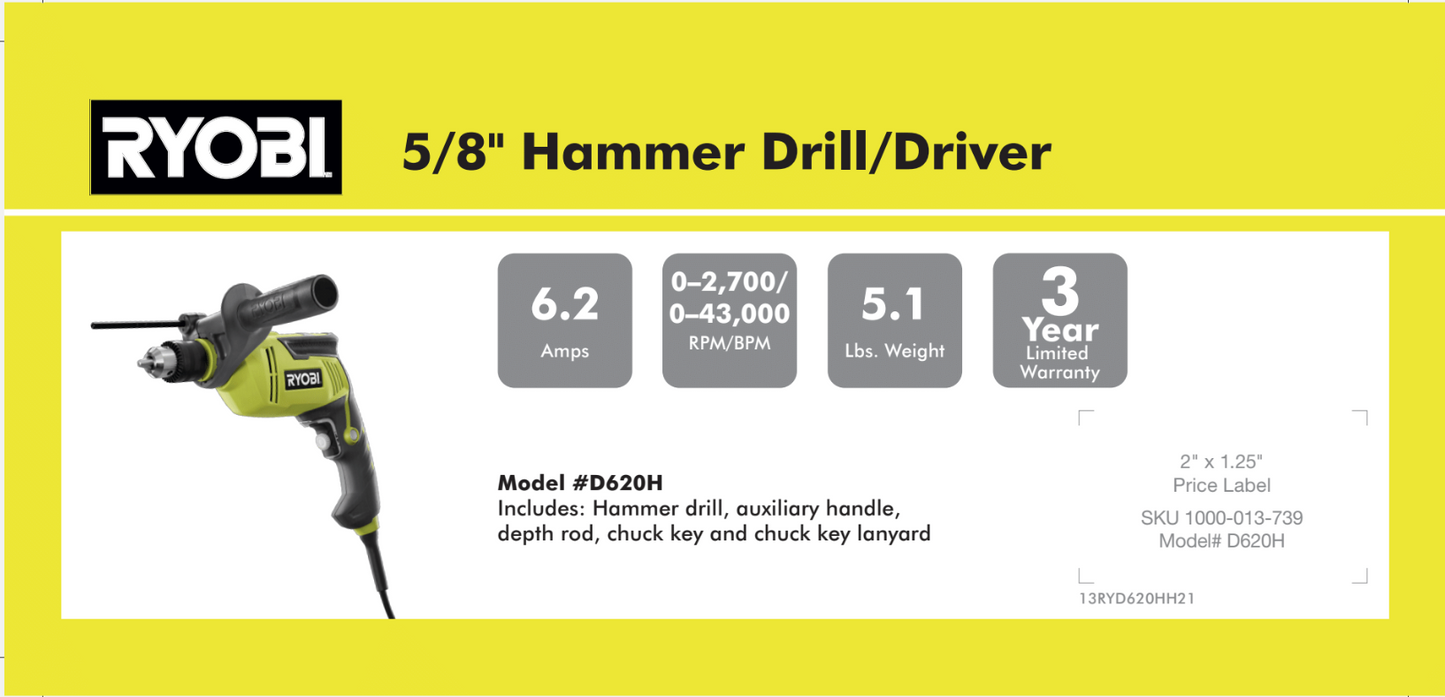 RYOBI 5/8" HAMMER DRILL 8.875 X 4