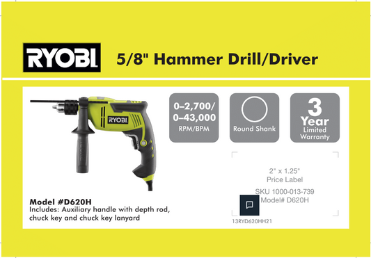 RYOBI 5/8" HAMMER DRILL/DRIVER 6 X 4