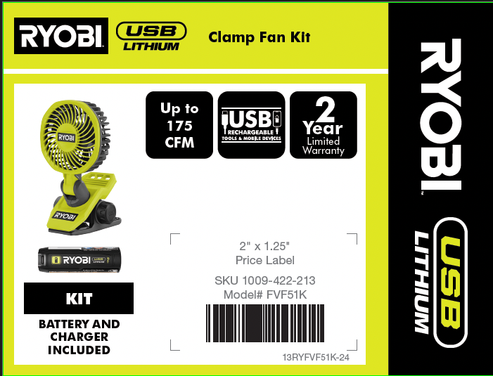 RYOBI USB LITHIUM CLAMP FAN 4X5.25