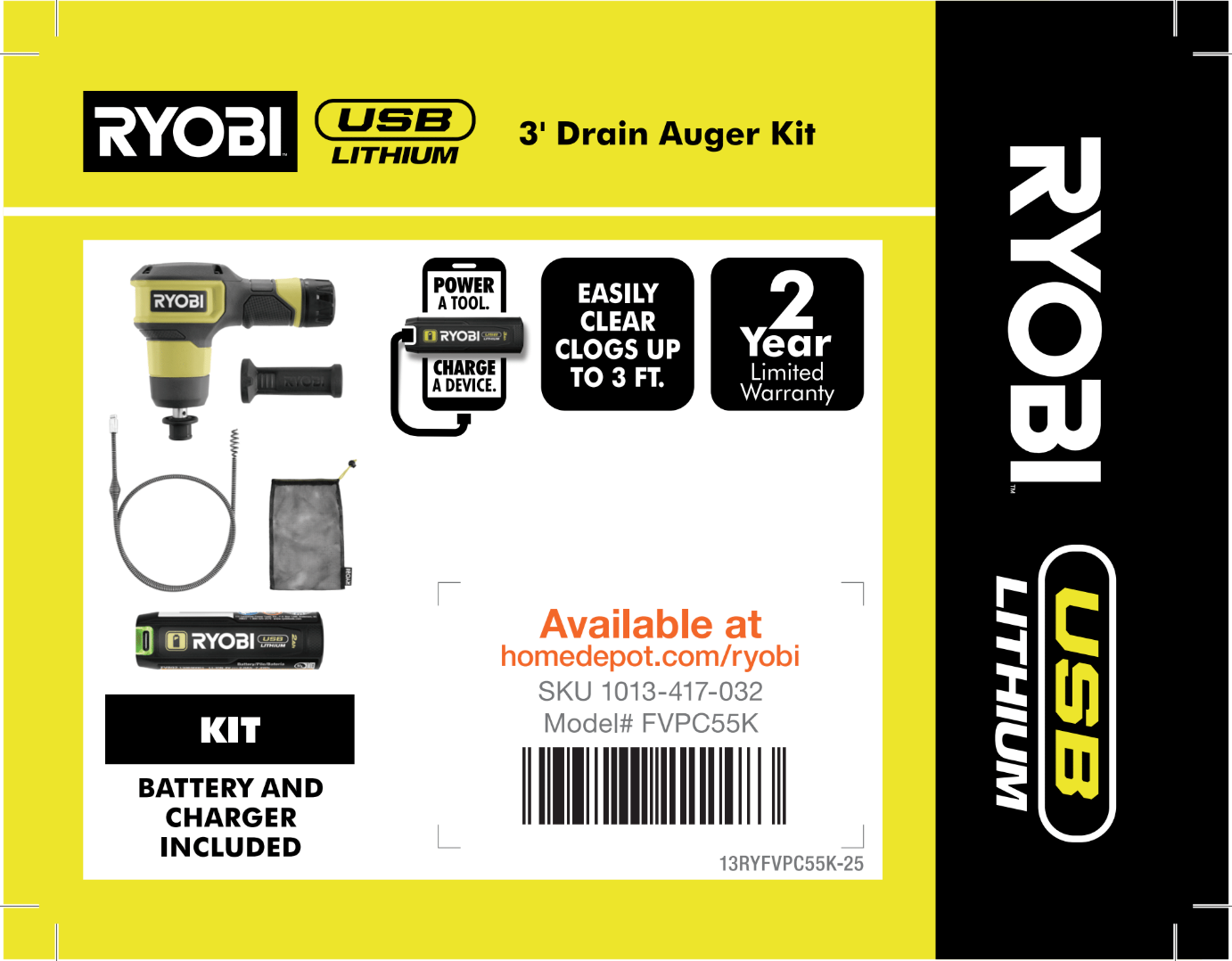 RYOBI USB LITHIUM 3' DRAIN AUGER KIT