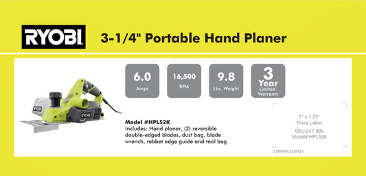 RYOBI 3 1/4" HAND PLANER 8.875X 4