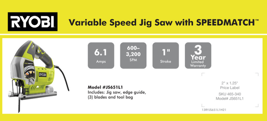 RYOBI 6.1 Amp Corded Variable Speed Orbital Jig Saw