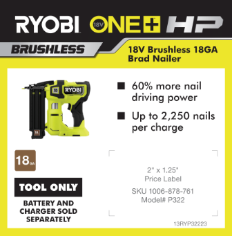 RYOBI ONE+ 18V HP BRAD NAILER POP