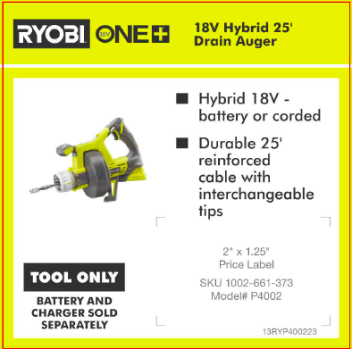 RYOBI ONE+ 18V DRAIN AUGER