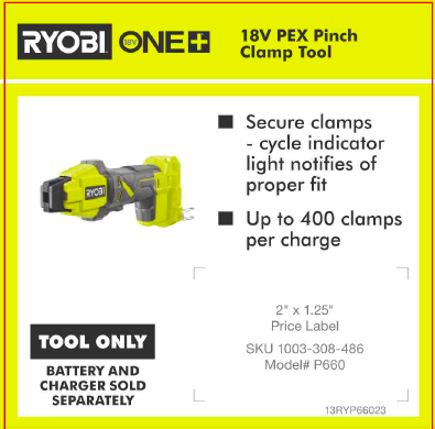 RYOBI ONE+ 18V PEX TUBING CLAMP TOOL