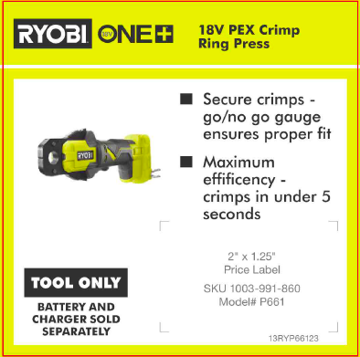 RYOBI ONE+ 18V PEX CRIMP RING PRESS