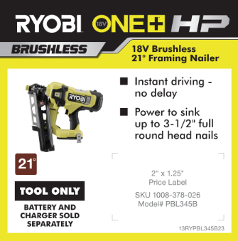 RYOBI ONE+ 18V HP 21 DEGREE FRAMING NAILER