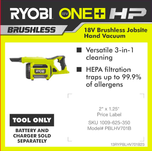 RYOBI ONE+ 18V HP HAND VAC