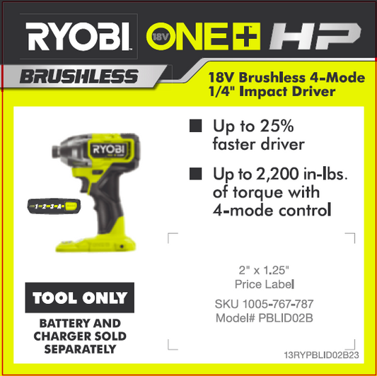 RYOBI ONE+ 18V HP IMPACT DRIVER TOOL ONLY