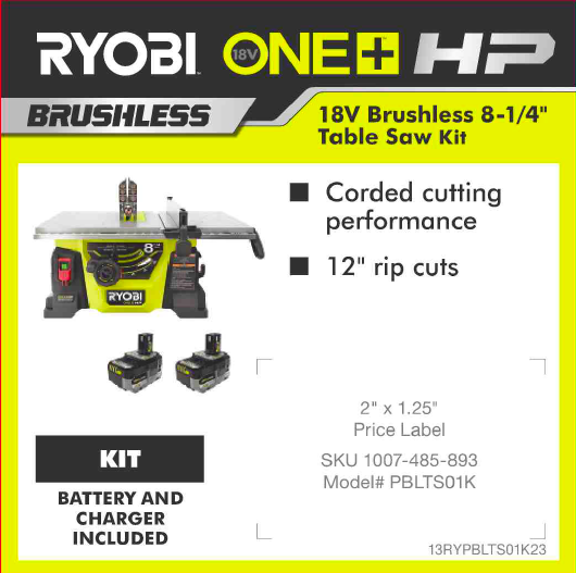 RYOBI ONE+ 18V HP TABLE SAW