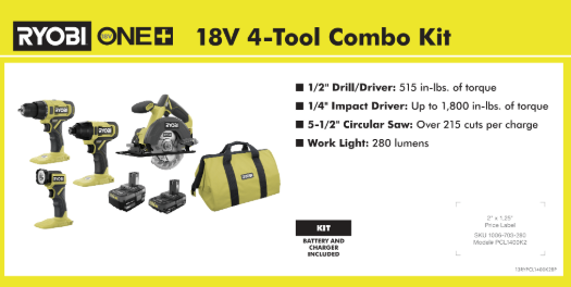 RYOBI ONE+ 18V 4 TOOL COMBO KIT 6X12 BATTERY PLATFORM