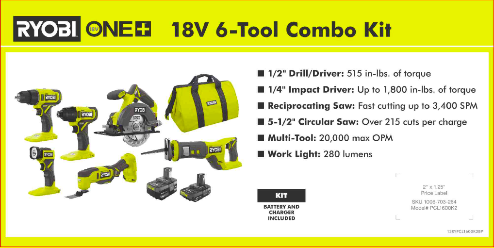 RYOBI ONE+ 18V 6 TOOL COMBO KIT 6X12 BATTERY PLATFORM – Team TTI POP