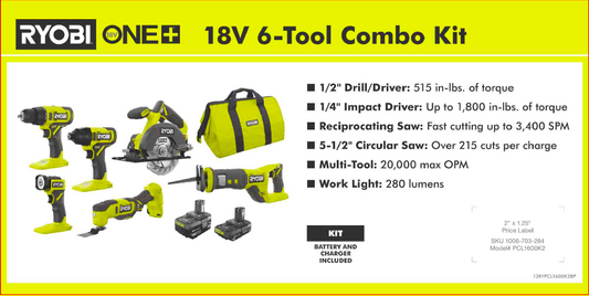 RYOBI ONE+ 18V 6 TOOL COMBO KIT 6X12 BATTERY PLATFORM