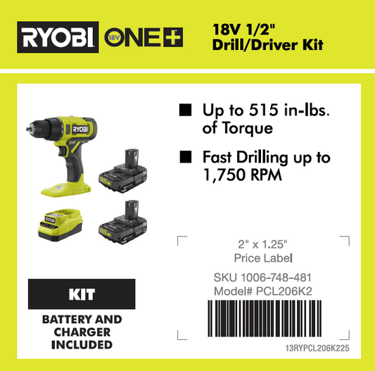 RYOBI 18V ONE+ 2 BATTERY DRILL KIT