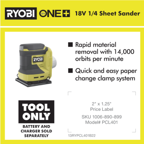 RYOBI ONE+ 18V 1/4 SHEET SANDER