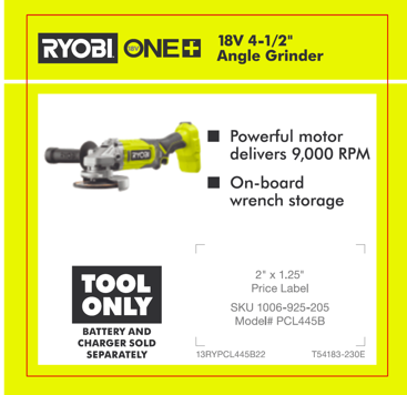 RY ONE+ 18V 4 1/2" ANGLE GRINDER