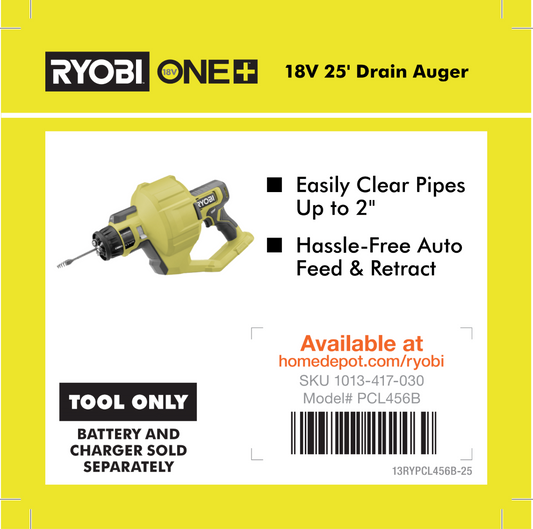 RYOBI ONE+ 18V 25' Drain Auger