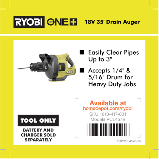 RYOBI ONE+ 18V 35' Drain Auger