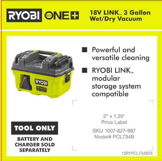 RYOBI ONE+ 18V 3 GAL WET DRY HAND VAC