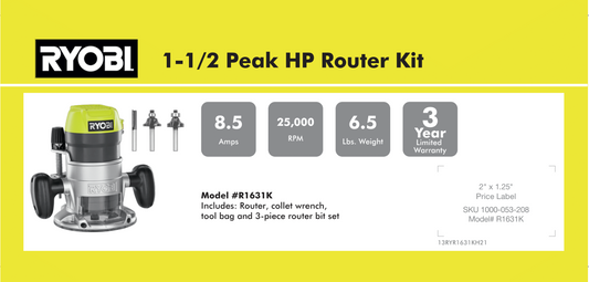 RYOBI 1 1/2" PEAK HP ROUTER KIT 8.875X 4