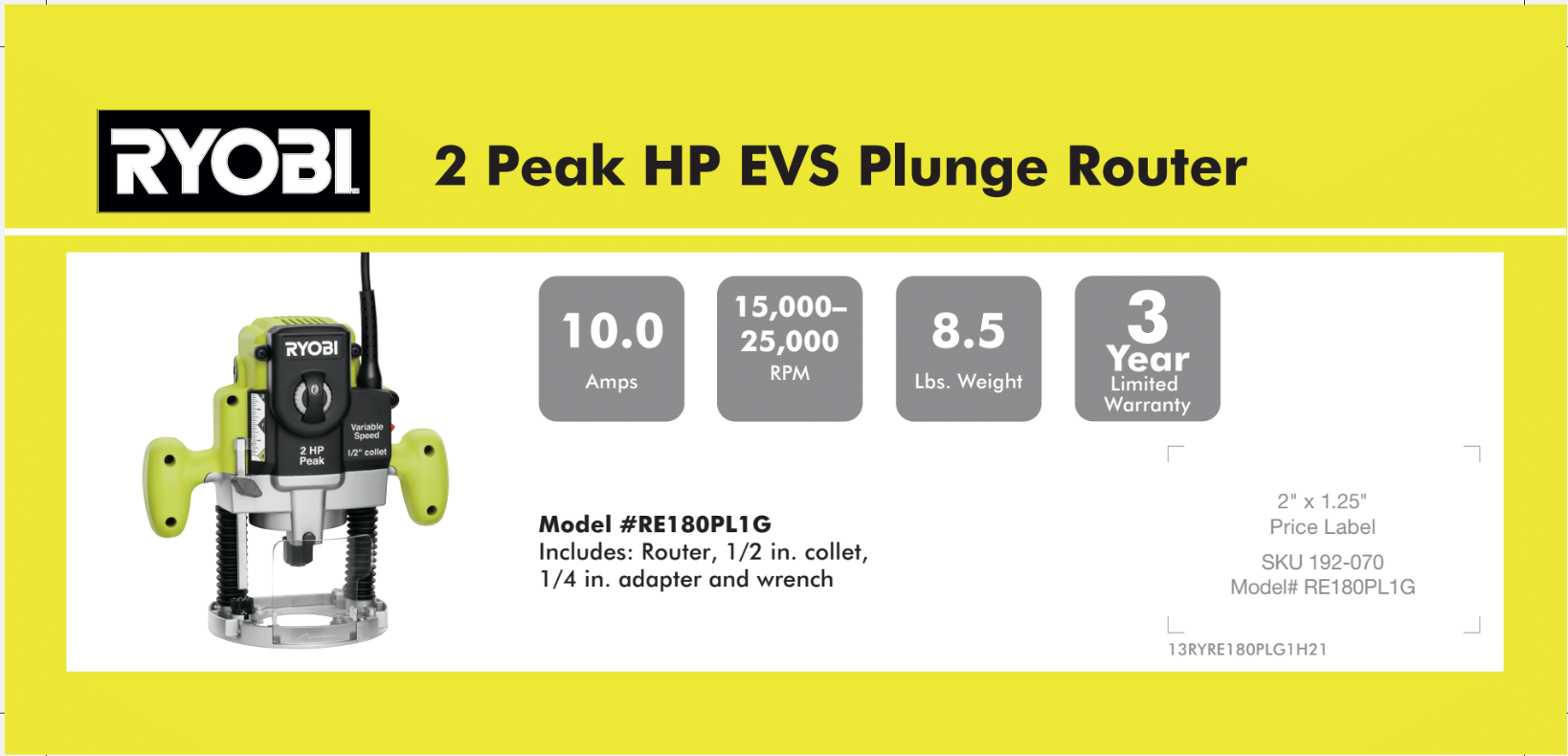 Ryobi R175 Plunge Router RYOBI 2PEAK HP PLUNGE ROUTER 8.875X 4 – Team TTI POP
