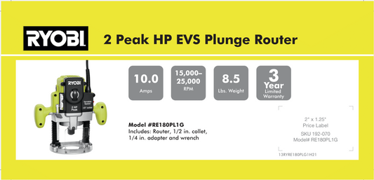 RYOBI 2PEAK HP PLUNGE ROUTER 8.875X 4