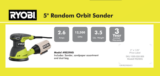 RYOBI 5" RANDOM ORBIT SANDER 8.875X 4