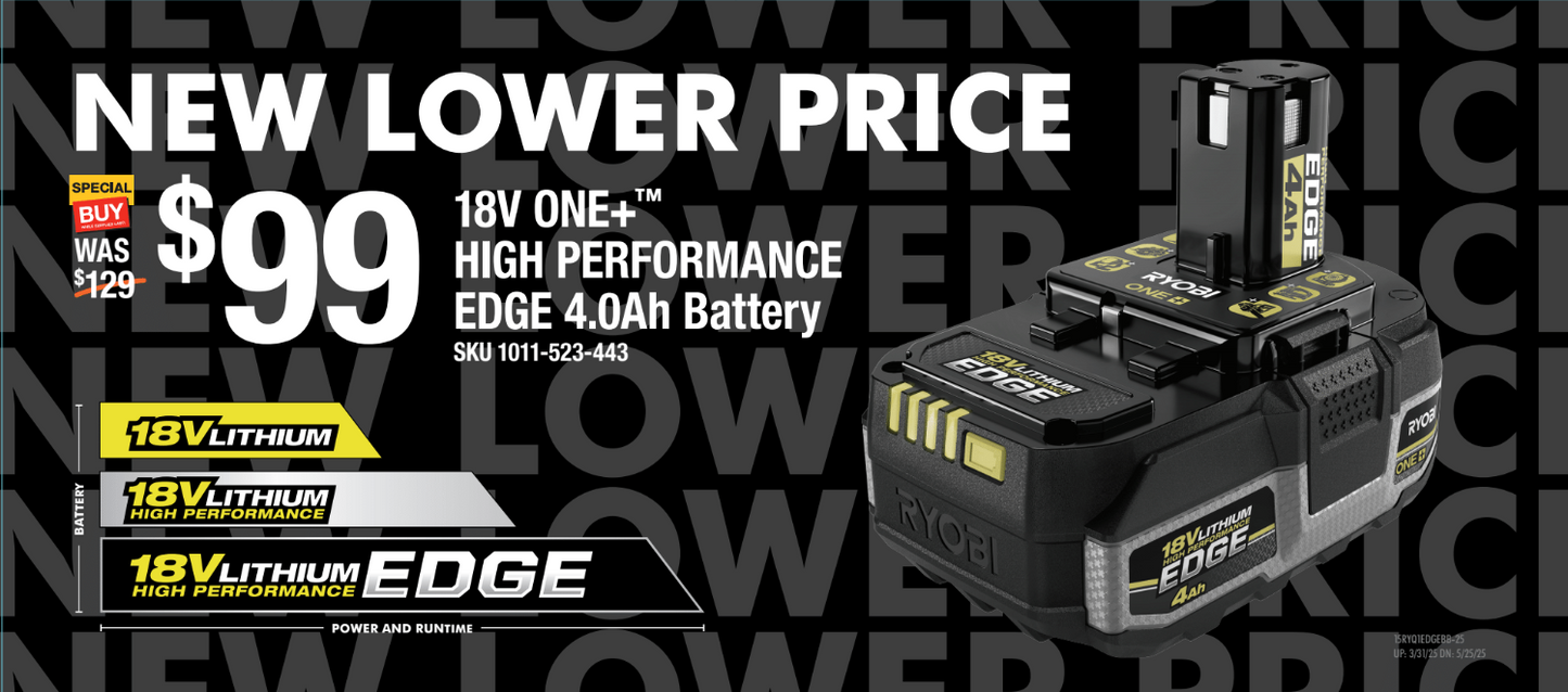 RYOBI Q1 2025 EDGE BATTERY END CAP NLP POP BOTTOM CENTER CHANNEL