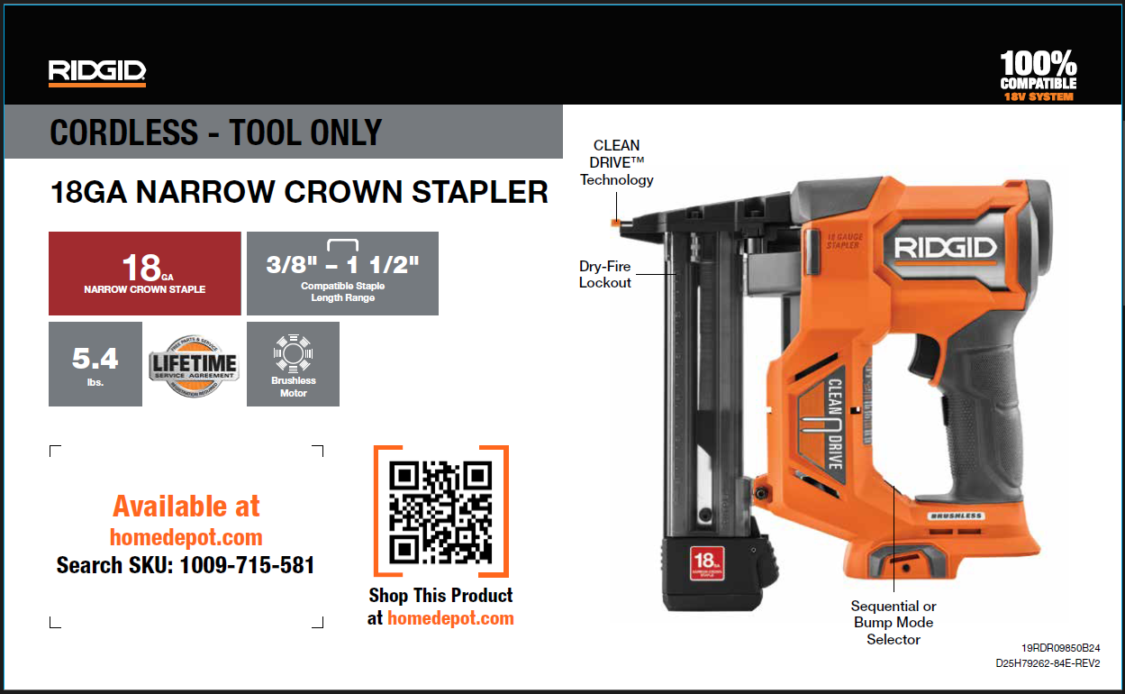 R09850B 18V BL 18GA NARROW CROWN STAPLER