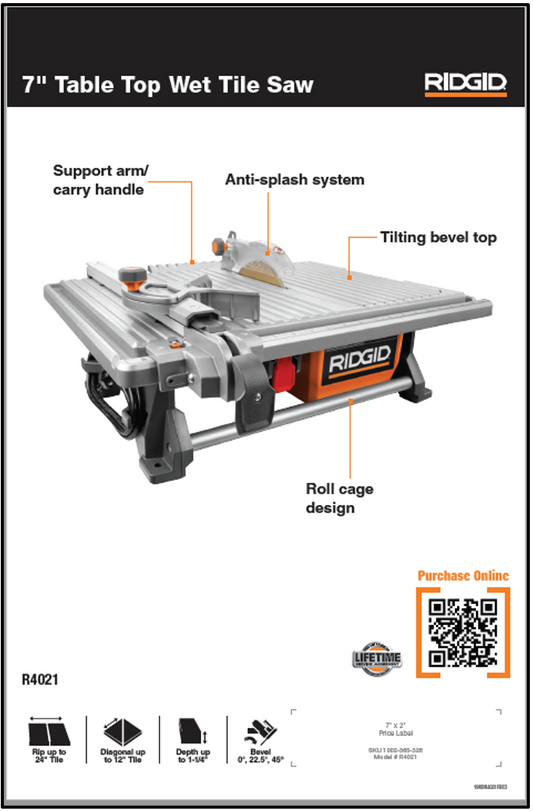 7" TABLE TOP WET TILE SAW - R4021