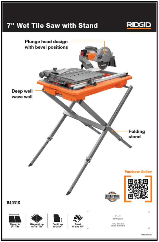 RIDGID 7” WET TILE SAW W/ STAND FALCON B