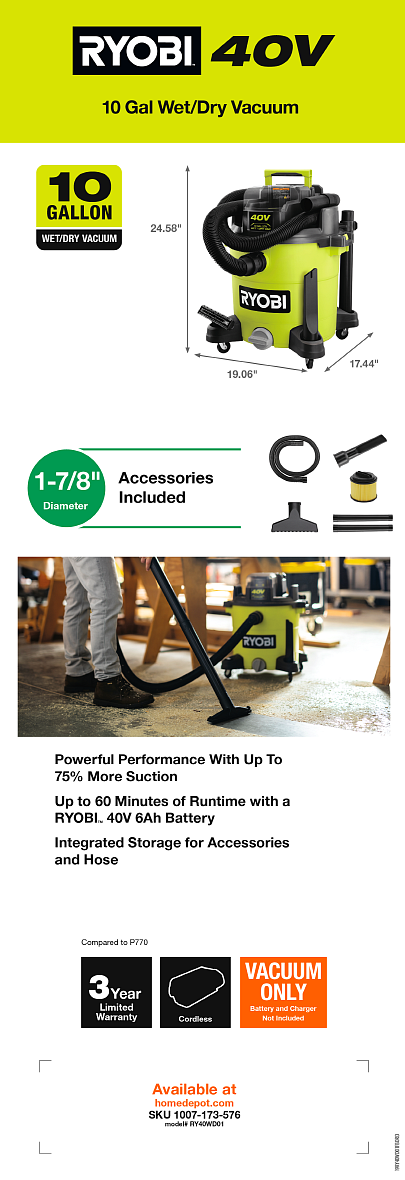 RYOBI 40V POP WET DRY VAC FALCON BOARD