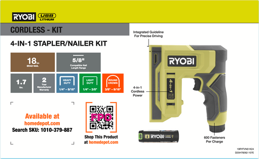 RYOBI 4-IN-1 STAPLER/NAILER NO DISPLAY POP