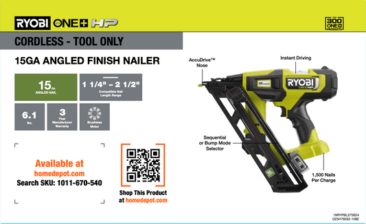 RYOBI 15GA ANLED FINISH NAILER NO DISPLAY POP