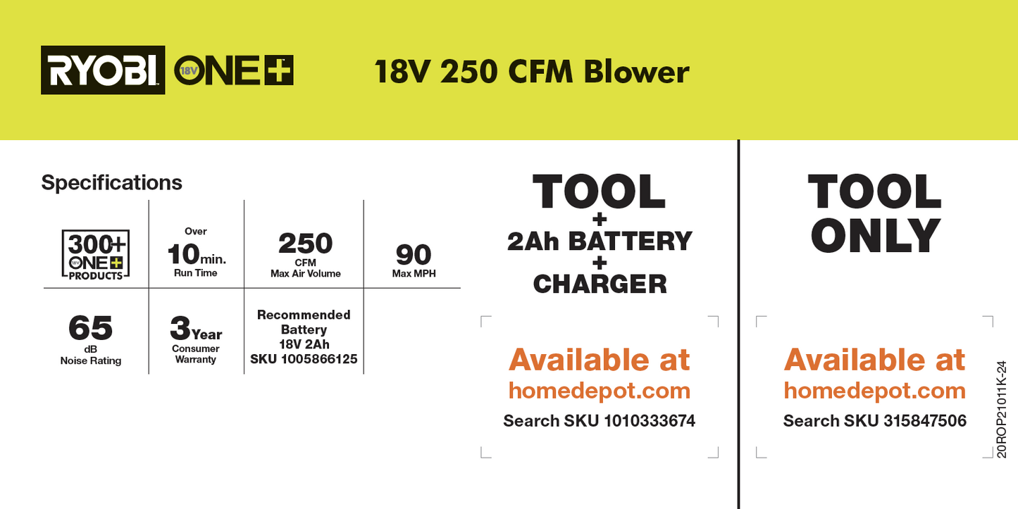 RYOBI ONE+ 18V OPP 250CFM BLOWER KIT