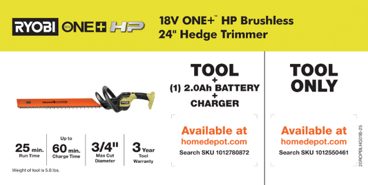 RYOBI 18V ONE+ HP 24” Hedge Trimmer Channel Card