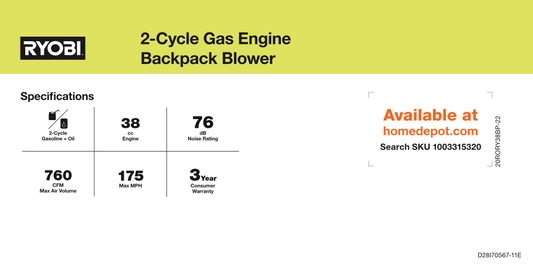 RYOBI 2 Cycle Gas Engine Backpack Blower Channel Card