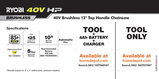 RYOBI 40V HP 12" TOP HANDLE CHAINSAW