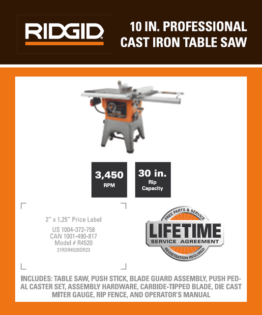 RD 10IN PROFESSIONAL CAST IRON TABLE SAW