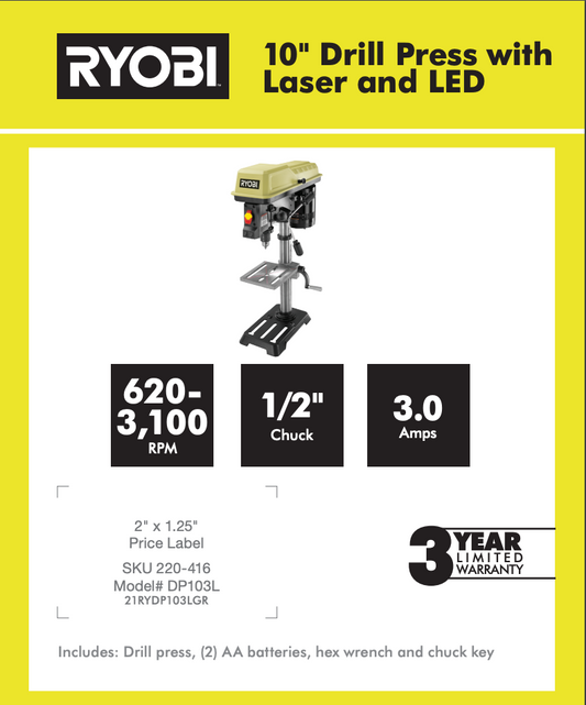 RYOBI 10" DRILL PRESS W/LASER AND LED