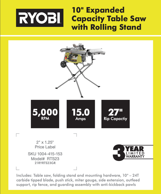 RYOBI 10" EXPANDED CAPACITY TABLE SAW